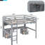Lit mezzanine de taille grise avec bureau, espaces de rangement généreux et rangement de chargement, port de tiroirs-573316873