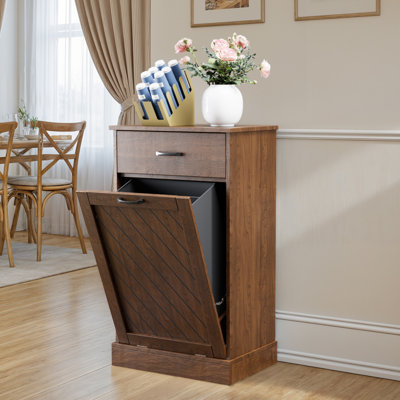 Armoire à poubelle cachée 17 gallons Tilt-Out, armoire de cuisine cachée avec tiroir de rangement, armoire à déchets en bois résistante aux animaux de compagnie pour la cuisine, la buanderie et le salon, bois naturel