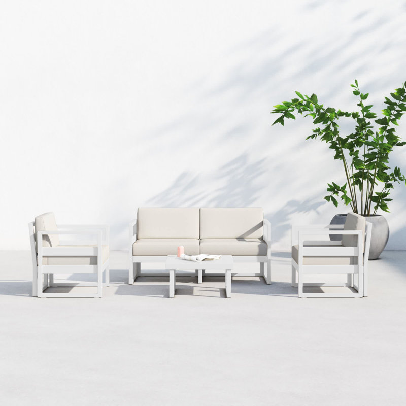 Lane 4-Person Patio Conversation Set with Acrylic Cushions, Canvas Natural Sunbrella® Canvas, White