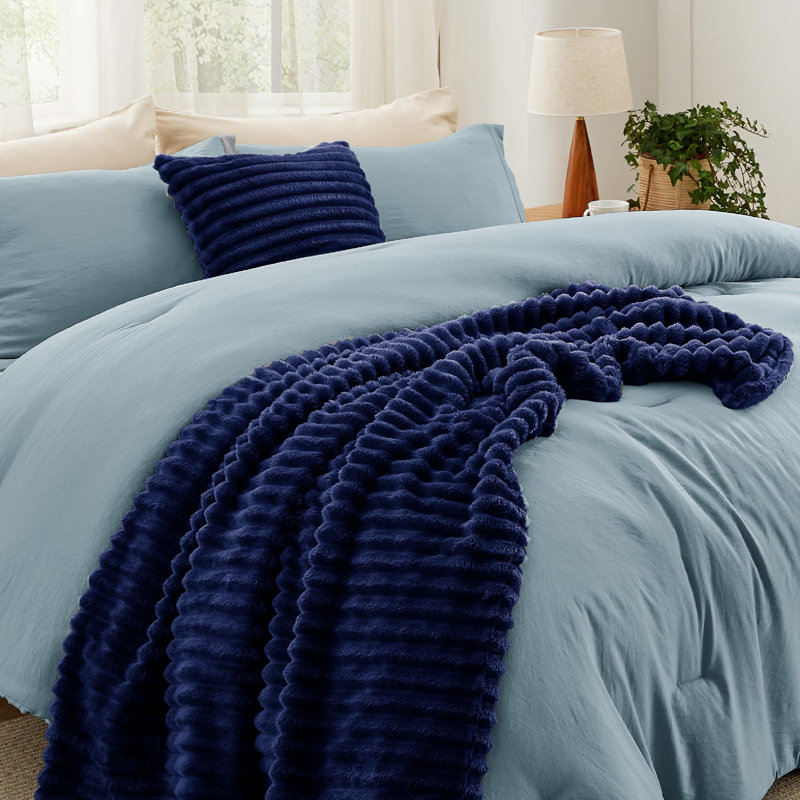 Bedsure Queen Comforter Set 5 Pieces - Bed in a Bag with Fleece Throw Blanket and Decorative Pillow, Lightweight Bedding Comforter Sets, All Season Bedding, Blue