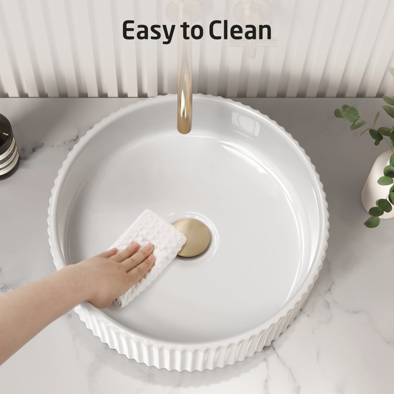 White Ribbed Ceramic Round Above-Counter Vessel Sink
