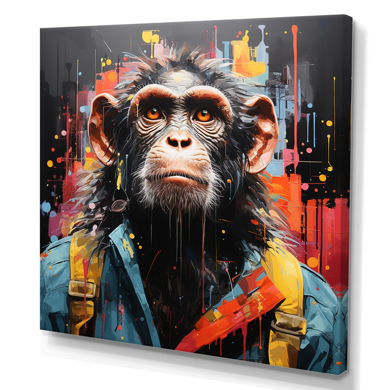 Paysage urbain noir Popart Chimp Trek - art mural singe, Toile tendue, H 16 po x l 16 po x P 1 po