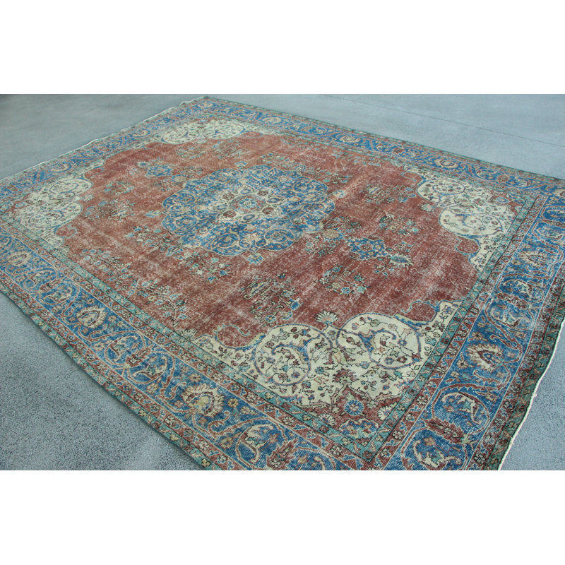 Tapis turc antique avec un riche motif rouge et bleu pour une décoration de style rétro de taille généreuse