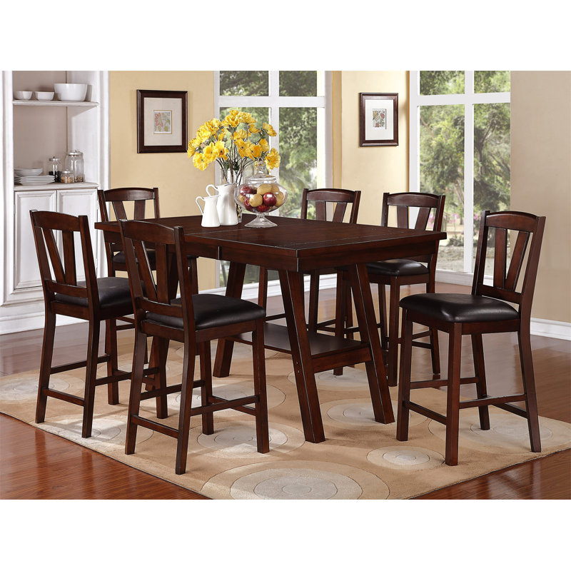 Walnut Finish Counter Height Dining Table with 6 High Chairs