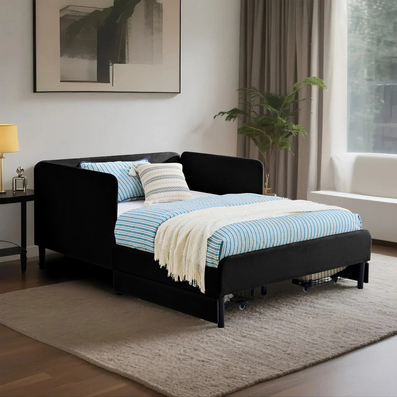 Elegant Full Size Upholstered Plarform Bed Frame with Storage, Black