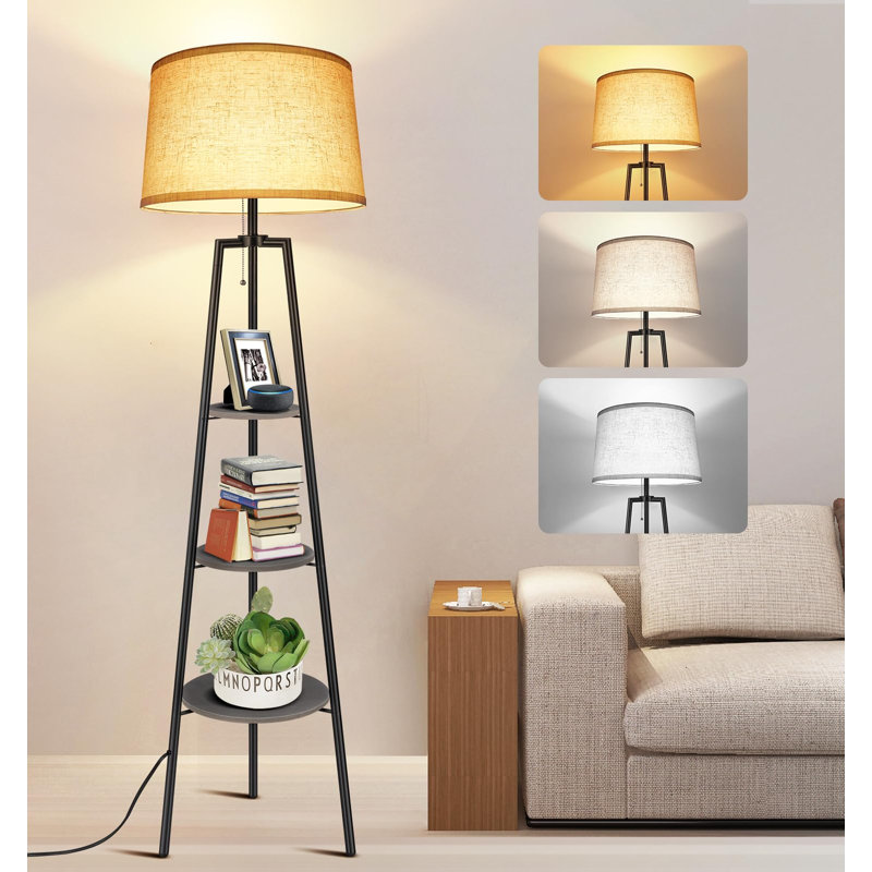 Lampe trépied moderne avec tablettes à 3 niveaux et température de couleur réglable, Noir / gris