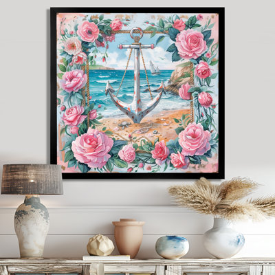 Pink Green Coastal Vintage Anchor Roses I - Coastal Wall Decor
