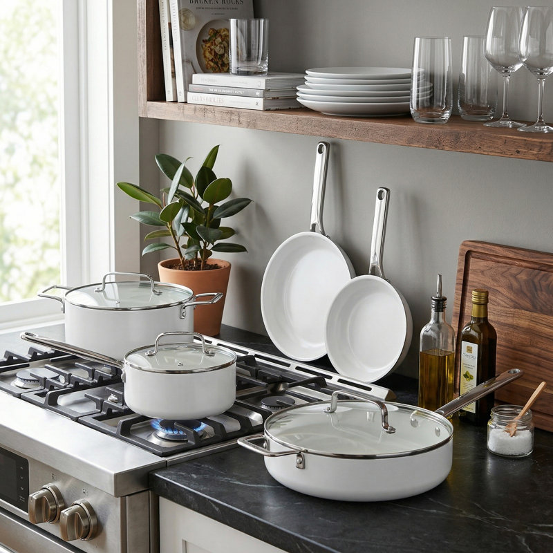 15 - Piece Non-Stick Ceramic Cookware Set, White