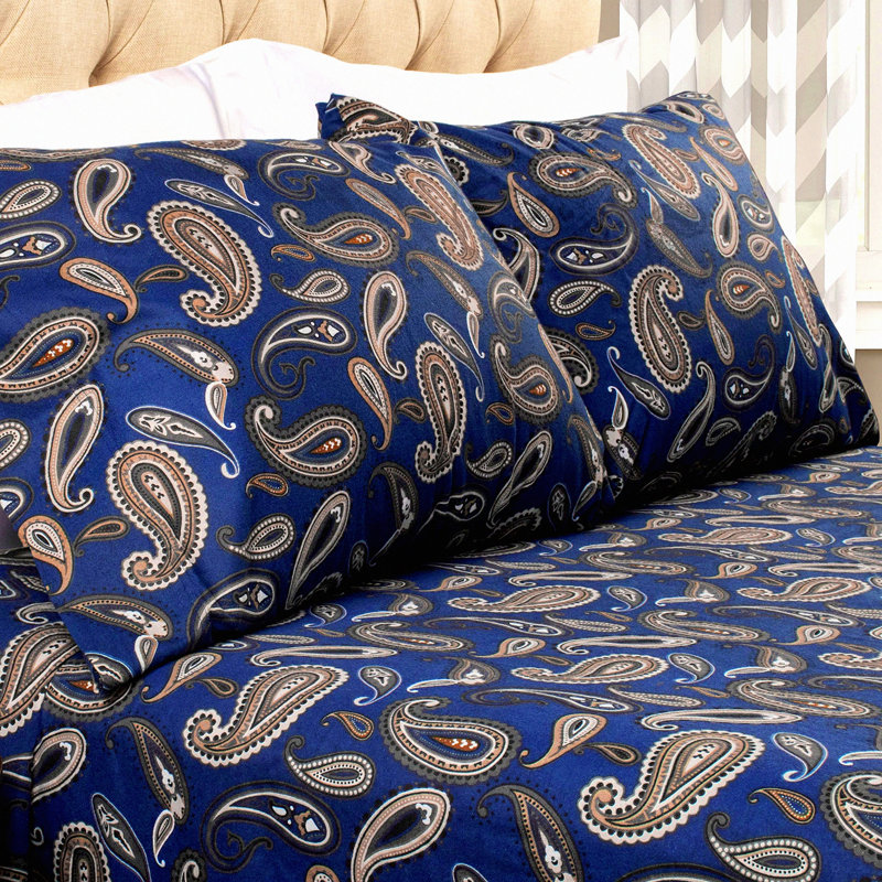 Navy Blue Paisley Flannel Pillowcase Set - Premium All Season Brushed Bedding for Standard Pillows - Set of 2