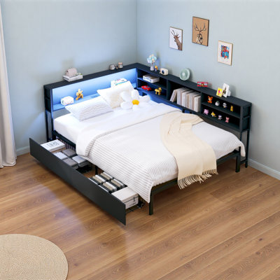 Corner Bed Frame With Storage Bookcase, Daybed With Storage Drawers Underneath, Kids Bed Unit With Charging Station And LED Light