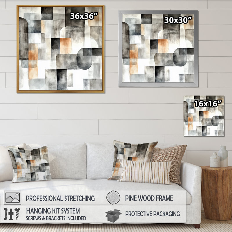 Gris et brun mosaïque bohème tons de terre II - décoration murale moderne transitionnelle abstraite, 30" H x 30" W, Black
