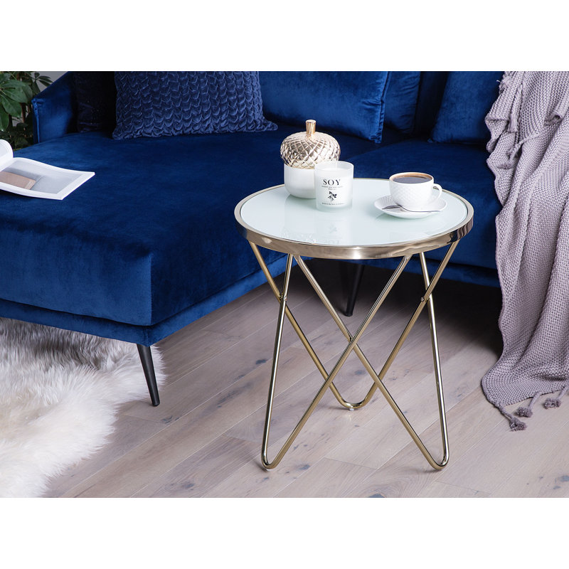 Abygayle Glass Top Cross Legs End Table, White, Gold