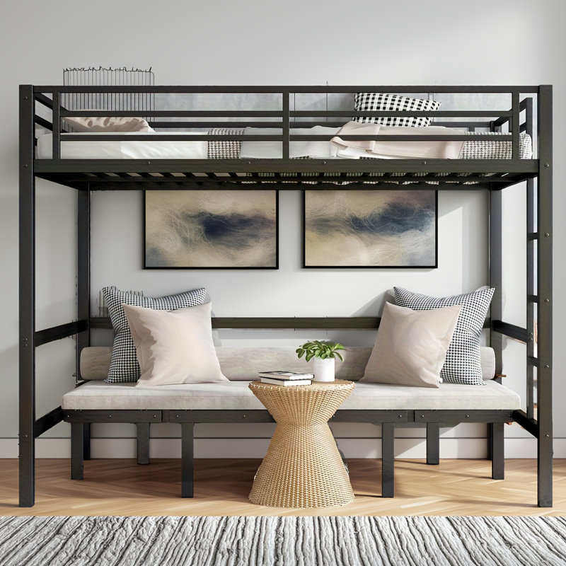 Grand lit superposé en métal avec lit inférieur coulissant | Conception convertible à 3 sections pour canapé en U et espace supplémentaire | Barrières de sécurité et réduction du bruit, noir
