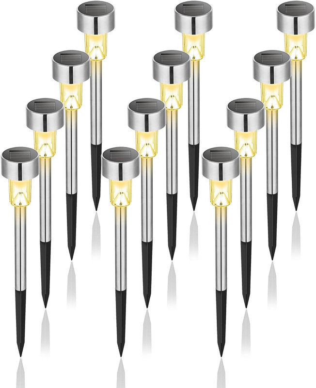 GIGALUMI Solar Lights Outdoor Garden Waterproof,12 Pack,Stainless Steel LED Solar Garden Lights for Patio, Lawn, Yard and Landscape Decor, Warm White