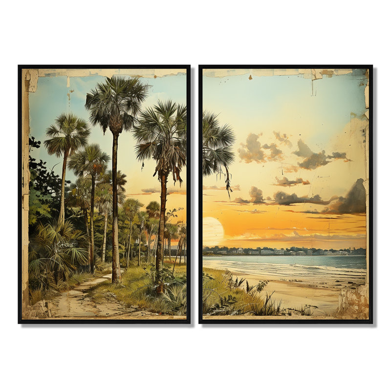 Collage rétro de la Floride, palmiers et plage V - art mural vert, H 36 po x l 48 po, Impression encadrée flottante, Noir
