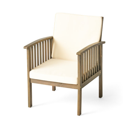 Outdoor Of 4 Wood Club Chairs, Comfortable Seating, Grey Finish, Cream Cushions For Patio And Garden Heavy - Duty Chairs 4, Water Cushions, Yard Balcony Seating