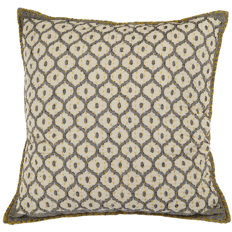 Artisan Hand Loomed Cotton Square Pillow - Gray with Yellow Stitching - 24", Pillow Cover Only - No Insert
