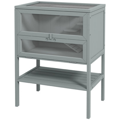 Gray Small Animal Cage - With Openable Top And Front Door For Easy Cleaning Maintenance 3 Hamster Gray, Constructed Of Solid Wood Multiple Platforms Pets