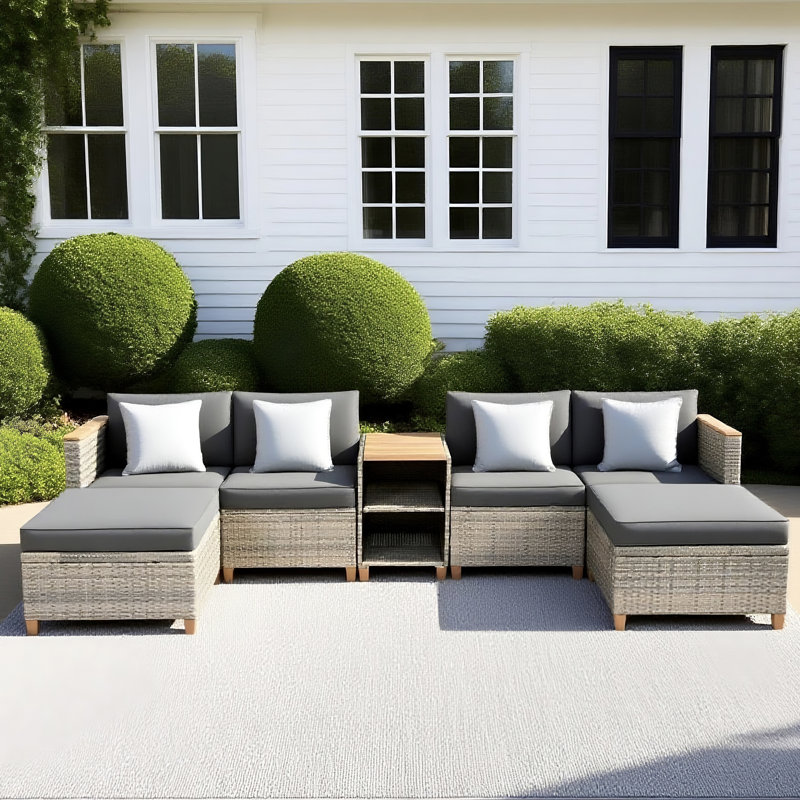 Artique 7 Piece Rattan Sectional Seating Group with Cushions, Dark Brown/Beige