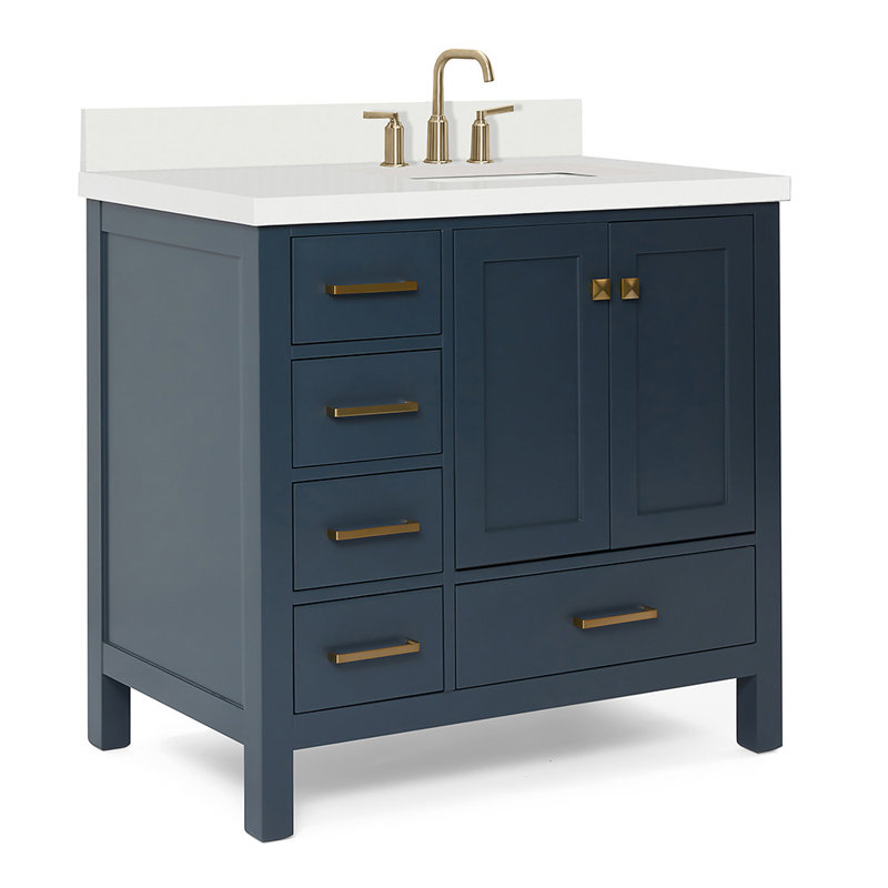 Cambridge 37'' W Single Vanity, Midnight Blue, Satin Brass, Pure White Quartz