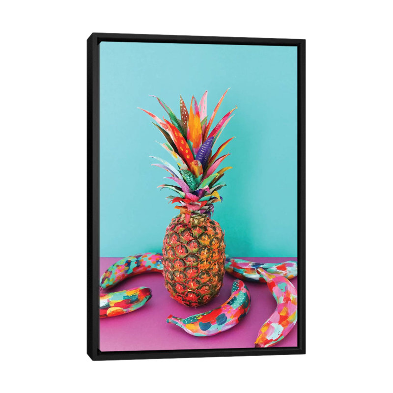 Ananas & bananes par EttaVee-impression d’art graphique, H 26 po x l 18 po x P 1,5 po, Toile avec cadre noir, Pas de tapis