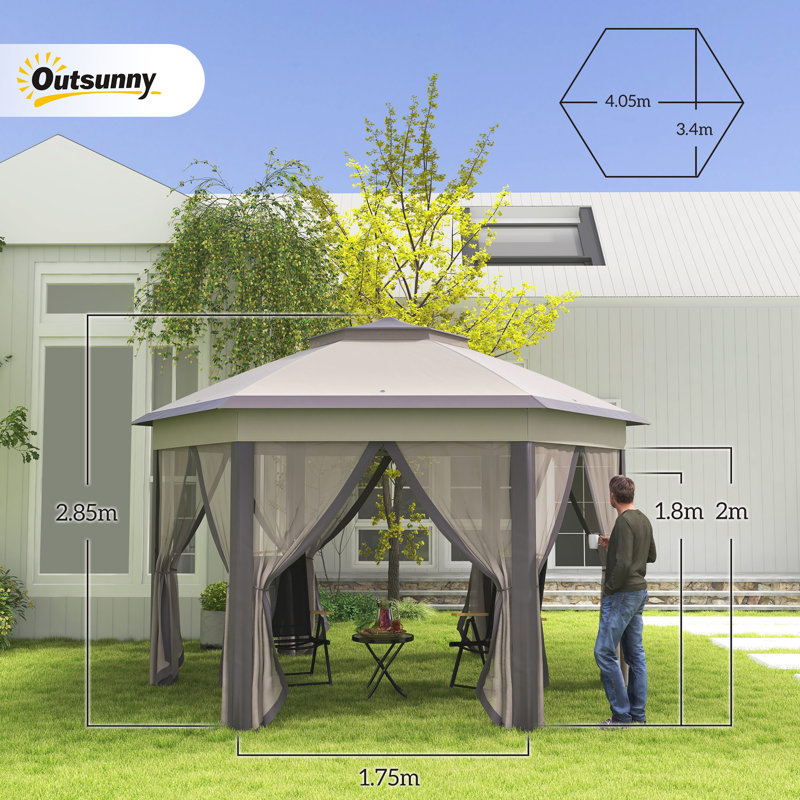 4.05 x 3.4m Beige Pop Up Gazebo with Mesh Curtains, Hexagon Double Roof Garden Canopy Party Tent with Carry Bag
