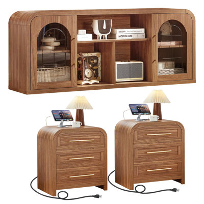 Curved 58'' TV Stand and 24'' High Night Stand Set, Modern Entertainment Center with Glass Door Storage, Side End Table with Charger and Drawers, Thick Desktop Furniture Sets 3 for Living Room Bedroom