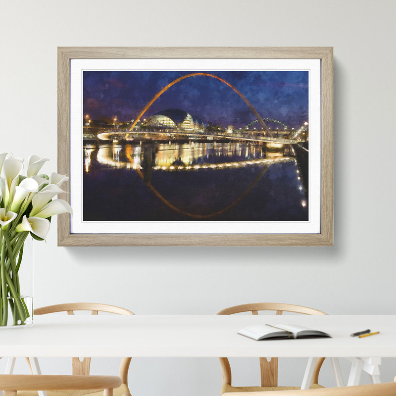 The Millennium Bridge in Newcastle - Picture Frame Graphic Art, 27cm H x 36cm W x 2cm D, Oak Framed