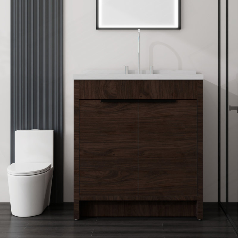 Meuble-lavabo autoportant de 91 cm avec lavabo, porte à fermeture amortie, comptoir et dosseret en marbre synthétique blanc de Carrare de 5 cm, contreplaqué