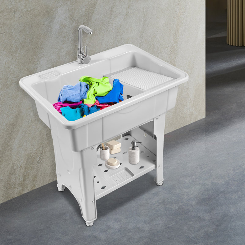 Freestanding Plastic Laundry Sink With Washboard And Faucet, Silver