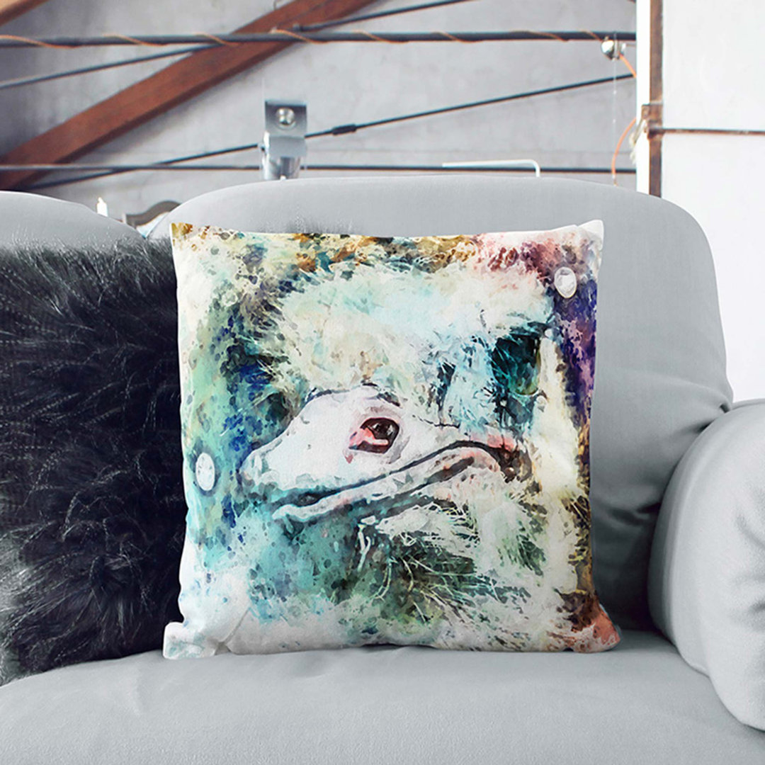 Curious Ostrich in Abstract Cushion with Filling