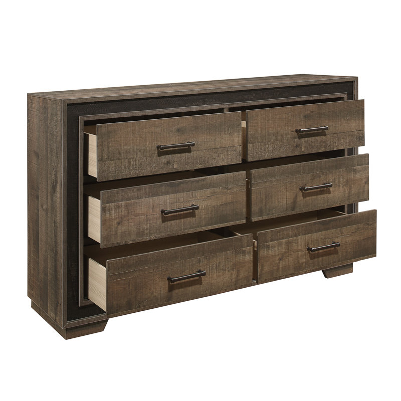Commode rustique à 6 tiroirs en ébène foncé avec accents en acajou et poignées en étain