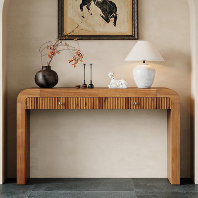 Rustic Console Table With Fluted Drawer Front, Entryway Table With Curved Corners & Thick Legs, Sturdy Sofa Table For Hallway & Living Room