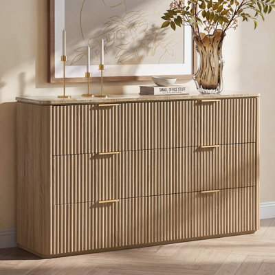 54.5" W Fluted 6-Drawer Dresser with Faux Marble Top, 1.97" Thick Fluted Modern Wood Chest Of Drawers Storage Cabinet
