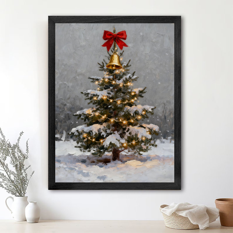 Arbre de Noël noir encadré noir dans un paysage enneigé, impressions encadrées de style rétro Merry Christmas