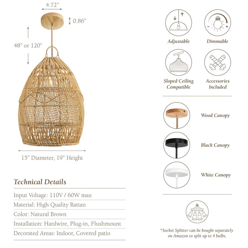 Annasha Pendant Light – 15" Natural Rattan Plug-In or Hardwired Light Fixture for Kitchen, Dining Room, or Bedroom in Boho and Coastal Styles