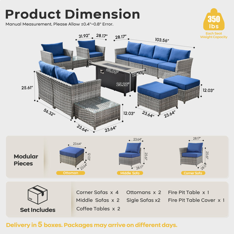 Briela 8 - Person Outdoor Seating Group with Cushions with Fire Pit table No Assembly Required, Navy, Yes