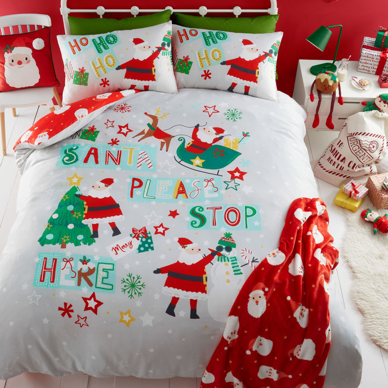 Santa Please Stop Here 100% Polyester (Recycled) Block Print Duvet Cover Set with Pillowcases