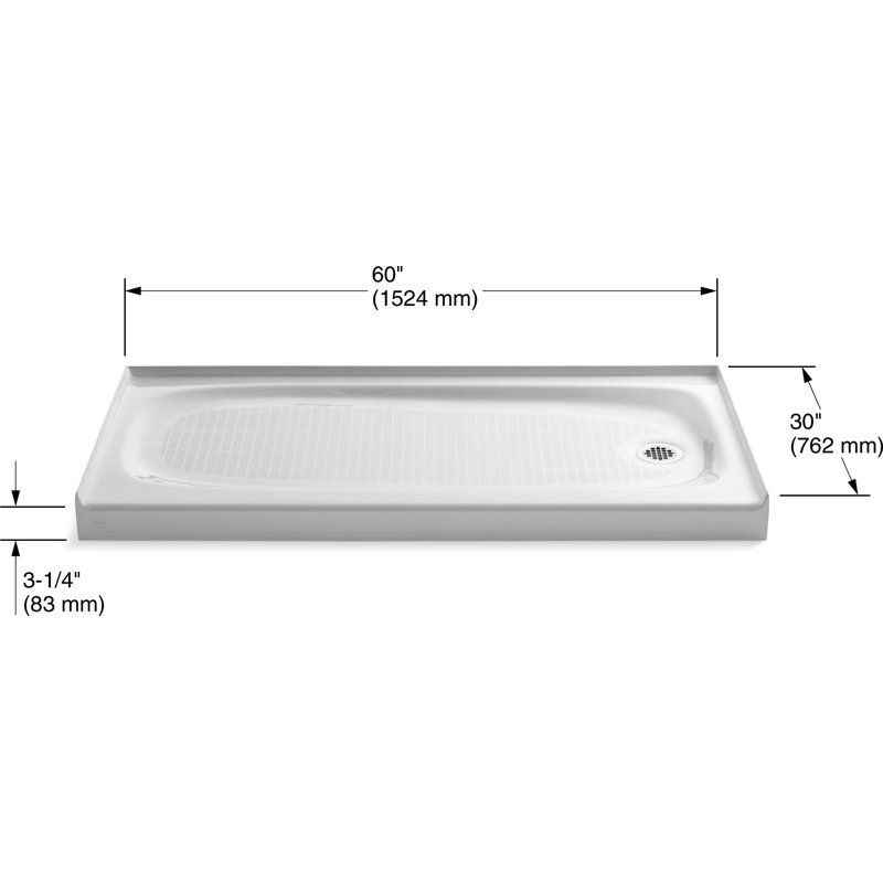Salient 60" x 30" Single Threshold Right-Hand Drain Shower Base, White, Right Hand