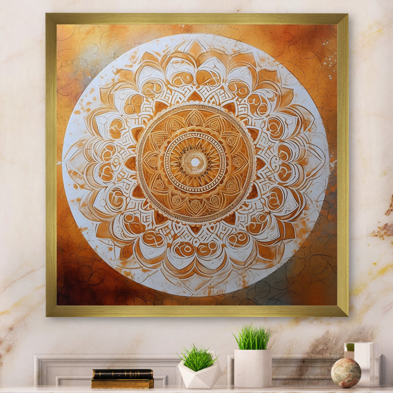 Mandala blanc et or IV sur toile, H 24 po x l 24 po x P 1 po, Cadre doré à coins fermés