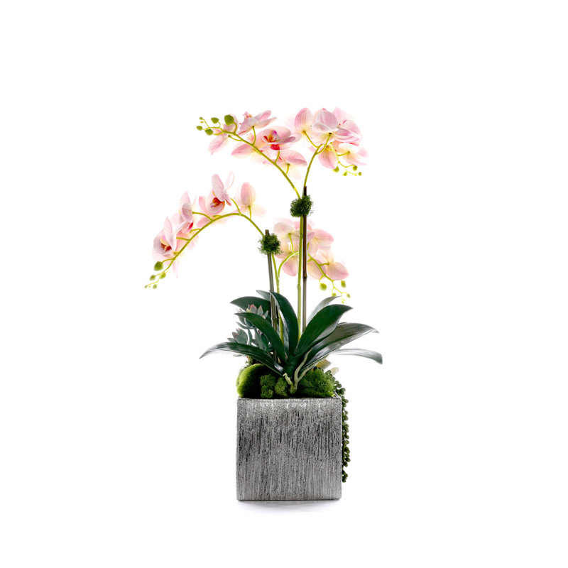 Pink Faux Orchid Flowers in Silver Square Pot