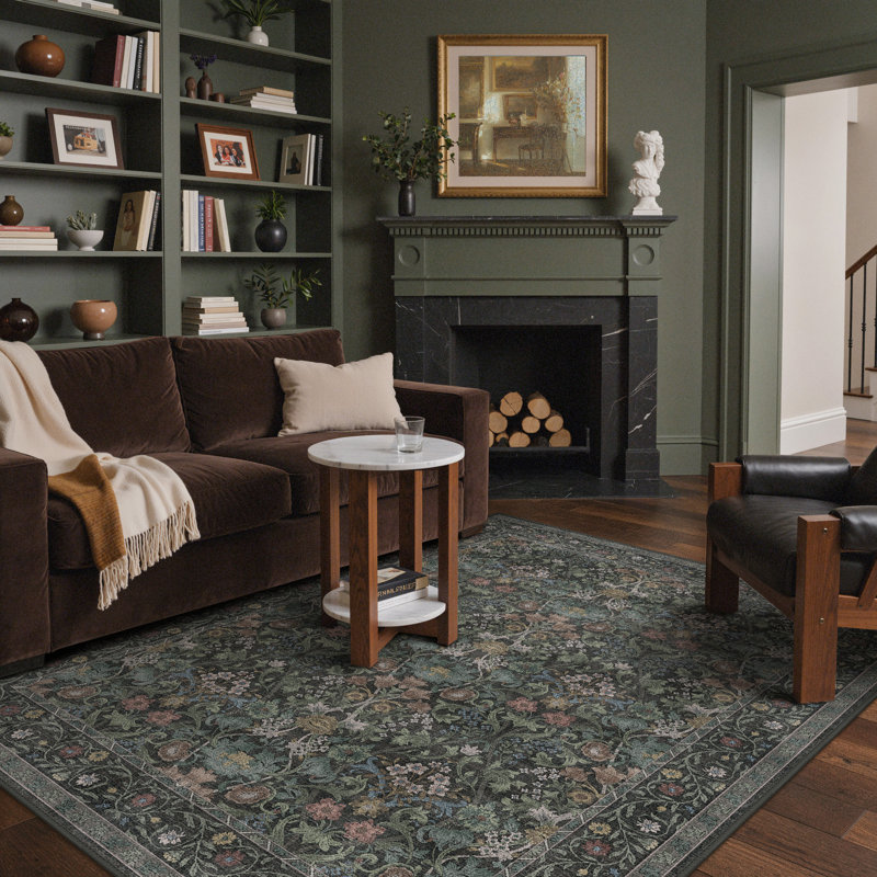 Vlive Floral Indoor Rug with Non-Slip Backing, Machine Washable Dark Green/Teal/Gray, Rectangle 6' x 9'