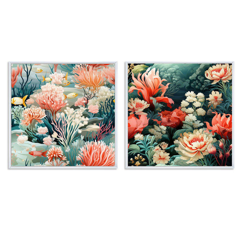Rosemount Coastal Reef - motif côtier - ensemble de 2 pièces de style collage nautique et côtier, Cadre flottant noir