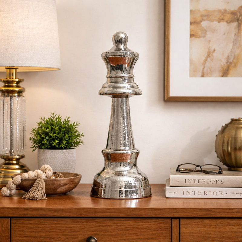 Decorative Hammered Nickel Finish Chess Bishop Sculpture – Elegant Table Accent (14")