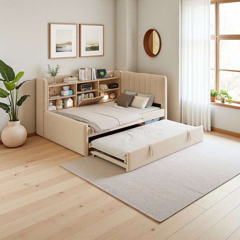 Twin Size Upholstered Daybed With Trundle, Storage Shelves, USB & Outlet, Beige