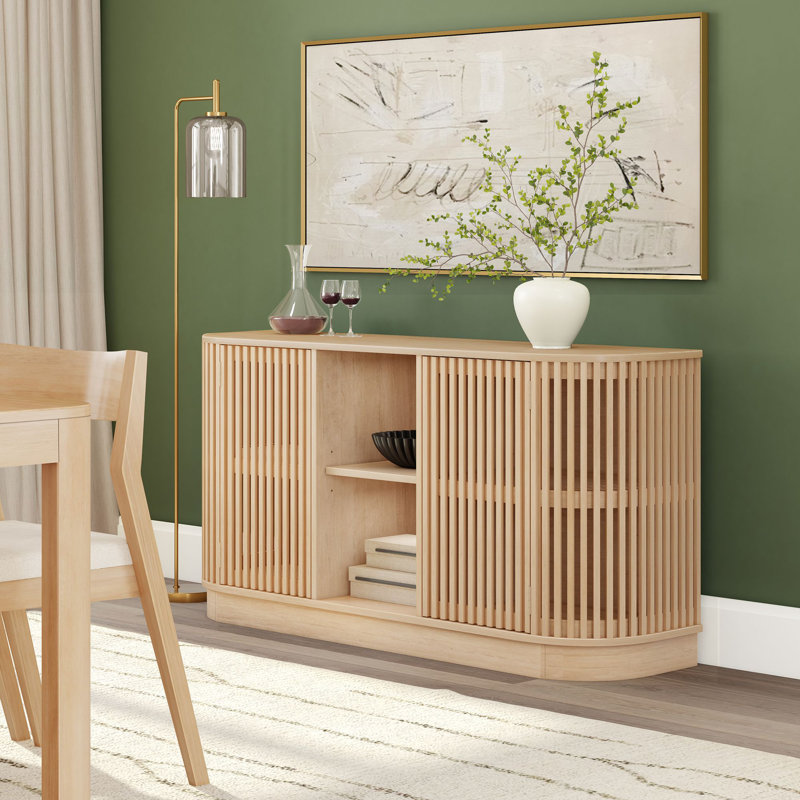 Contour 59" Curved Sideboard/TV Stand with Slat Doors and Open Shelf, Blonde