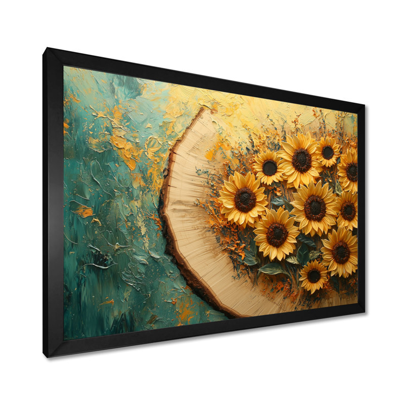 Jardin de tournesols Domien à la grange sur glissade en bois I - Art mural tournesols, Noir, noir, noir, noir