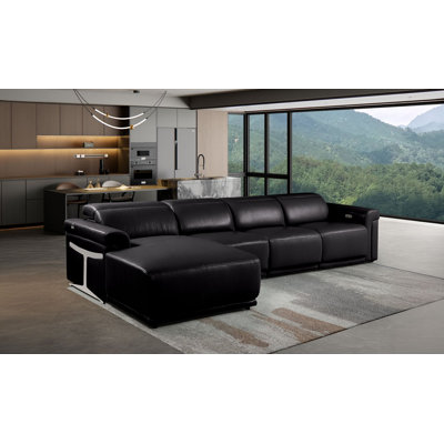 Black Left-Facing 4-Piece L-Shaped Sectional In Top-Grain Italian Leather With 3 Power Recliner & Adjustable Headrests