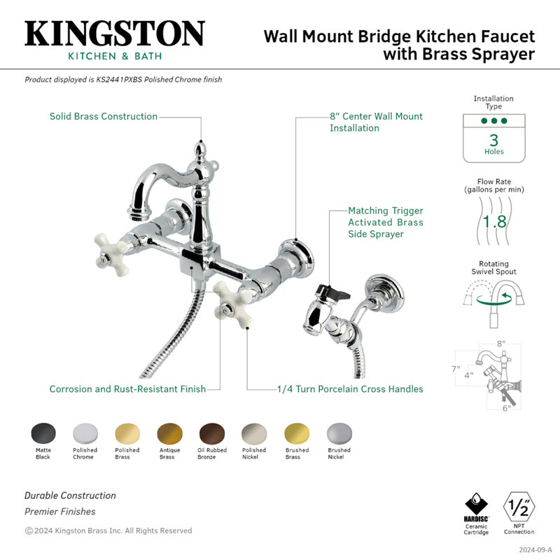 Kingston Brass Heritage Double-Handle 3-Hole Wall-Mount Bridge Kitchen Faucet with Brass Sprayer, Antique Brass