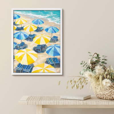 Beach Umbrella Coastal Scene Framed Wall Art Prints - Summer Relaxation Style for Living Room Bedroom